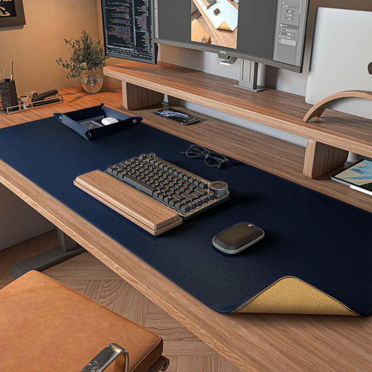 DAWNTREES Dual Sided Desk Mat,Leather Desk Pad,40"x16",Cork Desk Mat Protector,with PU Leather Valet Tray Organizer,Large Mouse Pad,Desk Writing Pad for Office and Home(Dark Blue)