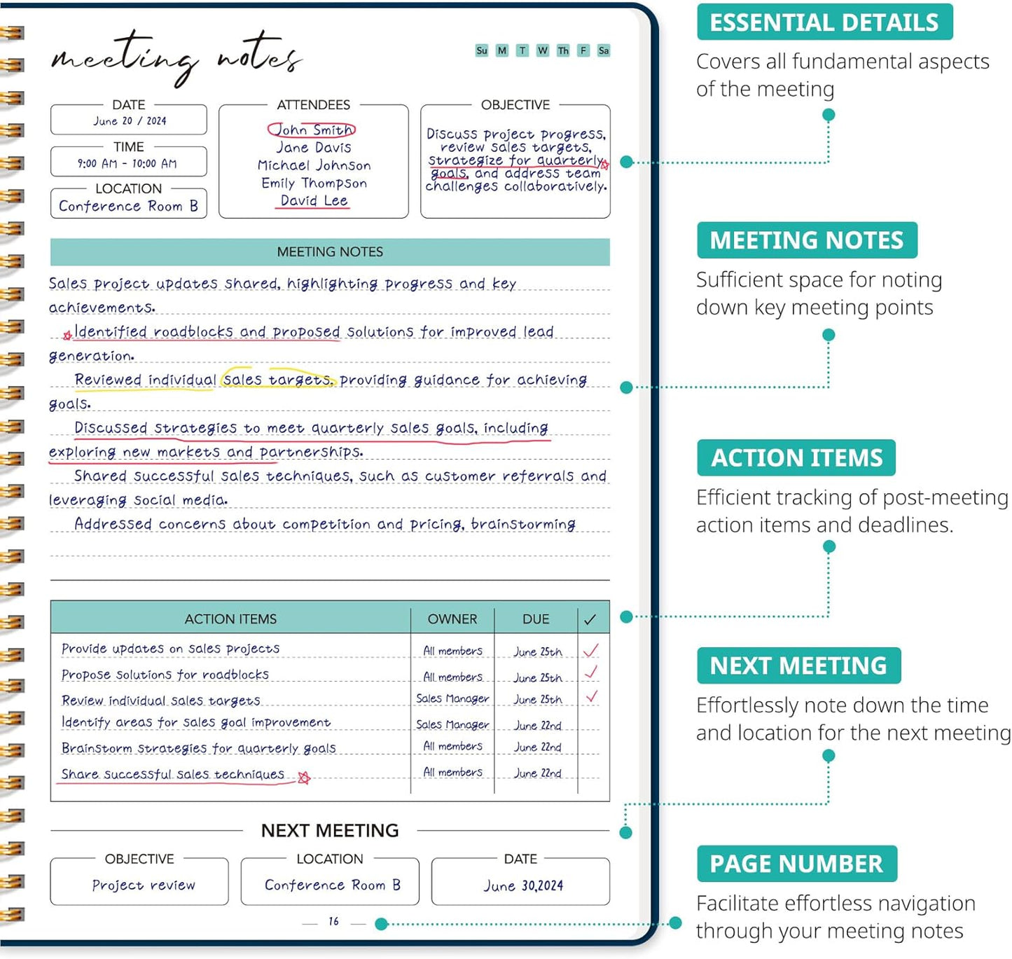 Taja Meeting Notebook for Work Organization - Work notebook with action items, Meeting Minutes Planner Notebook, Perfect Office Supplies for Men & Women - Navy Blue