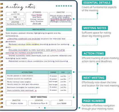 Taja Meeting Notebook for Work Organization - Work notebook with action items, Meeting Minutes Planner Notebook, Perfect Office Supplies for Men & Women - Navy Blue