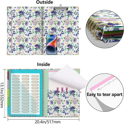 Foldable Clipboard Folio with Storage, 5 Plastic Folders with 10 Pockets,Refillable Lined Notepad (11" x 8.5"), Hardcover Project Organizer Nursing Teacher School Essentials(Purple Florals)