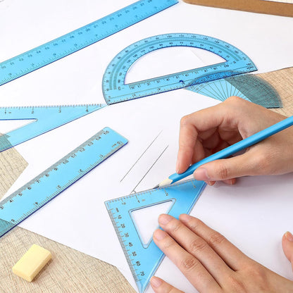 Zonon 1 Set Plastic Geometry Math Set Includes Drawing Compass, 6 Inch 4 Inch Protractor, 45/60 Degree Triangle Rulers 12 Inch 6 Inch Math Ruler Transparent for Office Supplies(Blue)