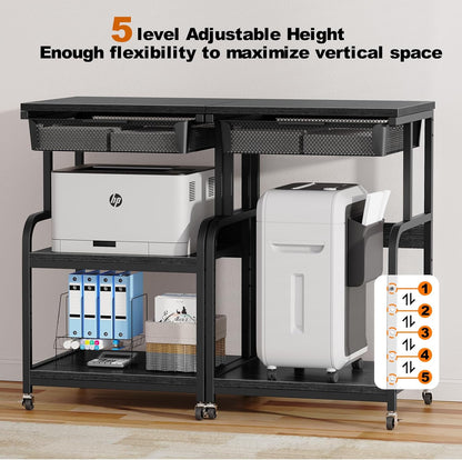 EasyCom Large Printer Stand with Storage Drawer, 5 Adjustable Shelf & 3-Tier Rolling Cart with Industrial Wheels for Desk, Mobile Printer Table for Home Office Fits 3D Printer Scanner Fax Black