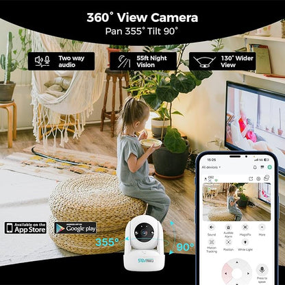 Sovmiku 2CB2 2k AI Tracking Security Camera for Home,Pet Camera Indoor, Baby Monitor,360° View Pan/Tilt Surveillance Camera, Two Way Audio,Night Vision,Easy to Setup,Audible Alarm,2.4GHz Wi-Fi,SD Slot