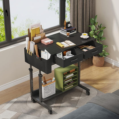 Small Portable Rolling Standing Desk - 32 Inch Adjustable Mobile Stand Up Teacher Desks with 2 Fabric Drawers on Wheels for Classroom, Couch Sofa Side Laptop Table with Storage for Home Office, Black