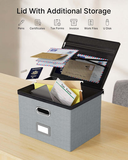 Oterri 1 Pack Large File Organizer Boxes with Lids, File Box with Mesh Pockets, Document Organizer Box for Letter/Legal Size Folders, Zippers Important Document Organizer (Grey, Without Folders)