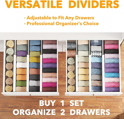 SpaceAid Bamboo Dresser Drawer Dividers 6 Pack, 4.65“ High Adjustable 12.5“-17” Drawer Organizers, Expandable Organization for Clothing, Clothes, Dressers, White