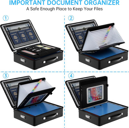 Fireproof Document Box with lock, File Organizer with Fireproof Zipper, Hard Shell Fireproof & Waterproof Storage box, Portable Safe for Home, Important Documents, Laptop, Black