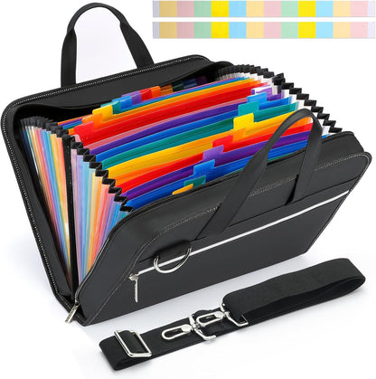 SEEKIND PU Leather Accordian File Organizer 26 Pockets, Expanding File Folder with Handle&Carrying Strap, Document Organizer File Holder for Letter Size / A4 File, for Office, School-Black