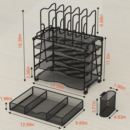 Mesh Desk Organizer, 3-IN-1 Desktop Organizer with 4 Tier Tray and 5 Upright Sections, File Organizer for Desk with Sliding Drawer, Black