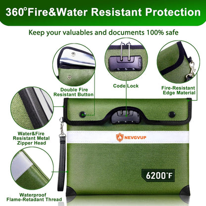Upgraded 6200°F Fireproof Document Bag with Lock, Fire proof Money Bag for Cash with Zipper/Reflective Strip, 9 Layer of Heat Insulated Material, Water Resistant Fireproof Bags for Documents,Safe Bags
