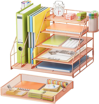 Marbrasse Desk Organizer with File Holder, 5-Tier Desk Organizers and Accessories with Drawer and 2 Pen Holder, Mesh Paper Letter Tray, Desktop Organizer and Storage for Office Supplies (Rose Gold)