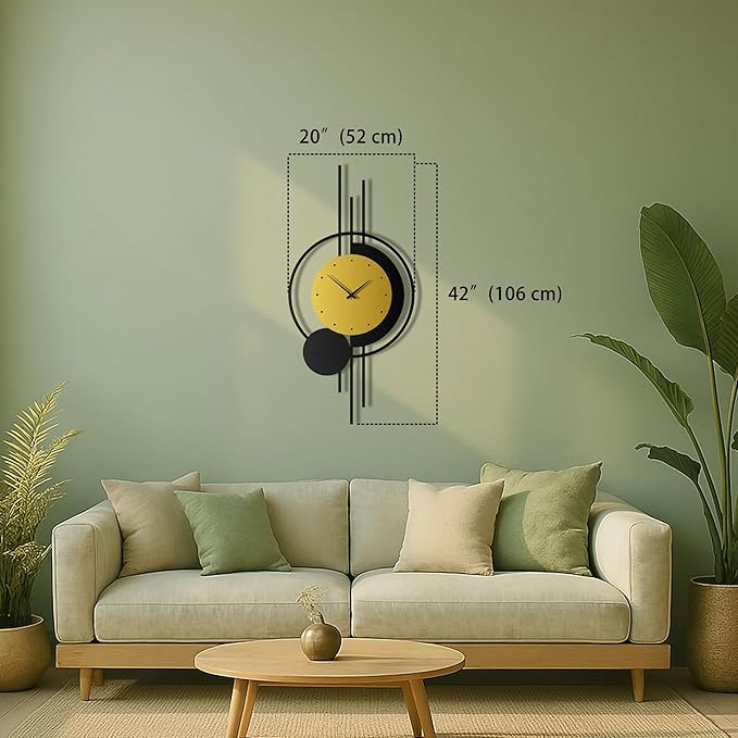 pluviart Geometric Gold and Black Wall Clock – Large Silent Metal Timepiece, Modern Mid-Century Wall Art for Living Room, Office and Home Decor