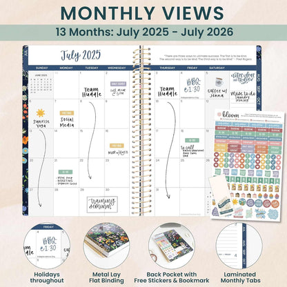 bloom daily planners 2025-2026 Academic Year Daily Planner (July 2025 - July 2026) - A5 Weekly & Monthly Calendar Agenda Organizer Book with Stickers - 5.5" x 8.25" - Garden Party, Navy