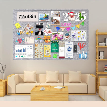 Large Bulletin Board, 72x48 Inches Cork Board Alternative, Large Felt Board Decorative Pin Board for Wall, Foldable Photo Board Self-Adhesive Vision Board with 36 Pushpins Light Gray