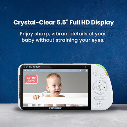 Babysense Full HD 5.5" Split Screen Baby Monitor with 2 Cameras, 6-Color Night Light, White Noise, Sound & Light Machine, 20-Hour Battery, Hack-Proof Non-WiFi Secure Connection