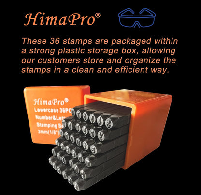 HimaPro Number and Letter Stamp Set 36 PCs Lowercase Industrial Grade Letters 'a'-'z', '&', '0'-'9' in a Plastic Box (3mm - 1/8 Inch)