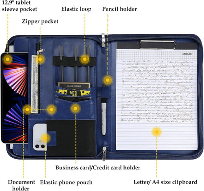 ProCase Portfolio Business Padfolio Folder with Zipper, Conference Meeting Executive File Legal Document Organizer with Pockets Letter Size A4 Writing Pad Notepad Padfolio -Navy