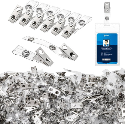 WUWEOT 300 Pack Metal ID Badge Clips, Double Hole Alligator Strap With Clear PVC Straps for Name Tags, Cards and Cage Badge Holders, Office Supplies