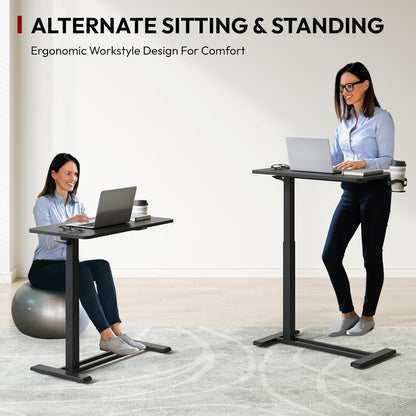 SANODESK Mobile Standing Desk with Hidden Wheels,Pneumatic Laptop Desk Rolling Computer Cart Movable Height Adjustable Small Sit Stand Desk for Home Office(27.6" W x 15.7" D, Black)