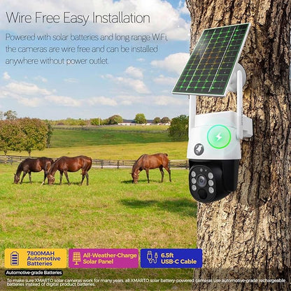 xmartO 10CH 4-CAM 4MP QHD Solar Battery PTZ Security Camera System, Solar Outdoor/Indoor WiFi Camera, 5G 10CH 4K H.265 Long Range WiFi 6 Surveillance DVR NVR Kit (Pole/Tree/Wall/Ceiling Installation)