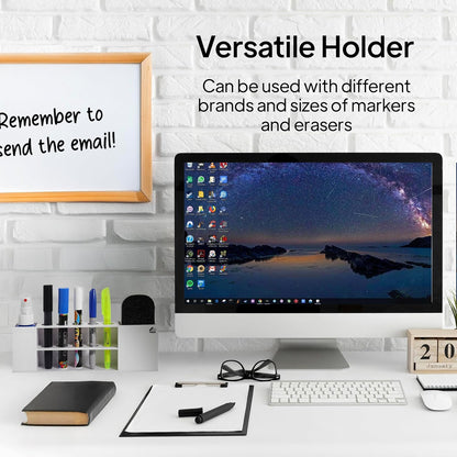 Slim Magnetic Dry Erase Marker Holder for Whiteboard, Space Saving Pen Organizer with Glass and Wall Mount Accessories for Fridge, Office, and School. (White)