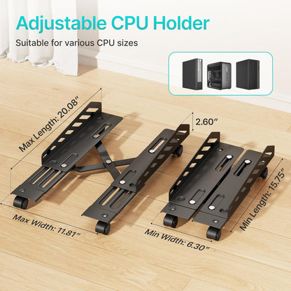 Adjustable PC Stand for Floor(400-510mm D, 160-300mm W), PC Tower Stand with 4 Caster Wheels, Ventilated Under Desk CPU Cart Holder for Office, Gamers, Black