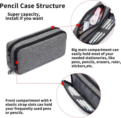 Big Capacity Pencil Pen Case Nylon Large Pencil Pouch Simple Stationery Bag Office Organizer Pen Bag for Men Women - Grey