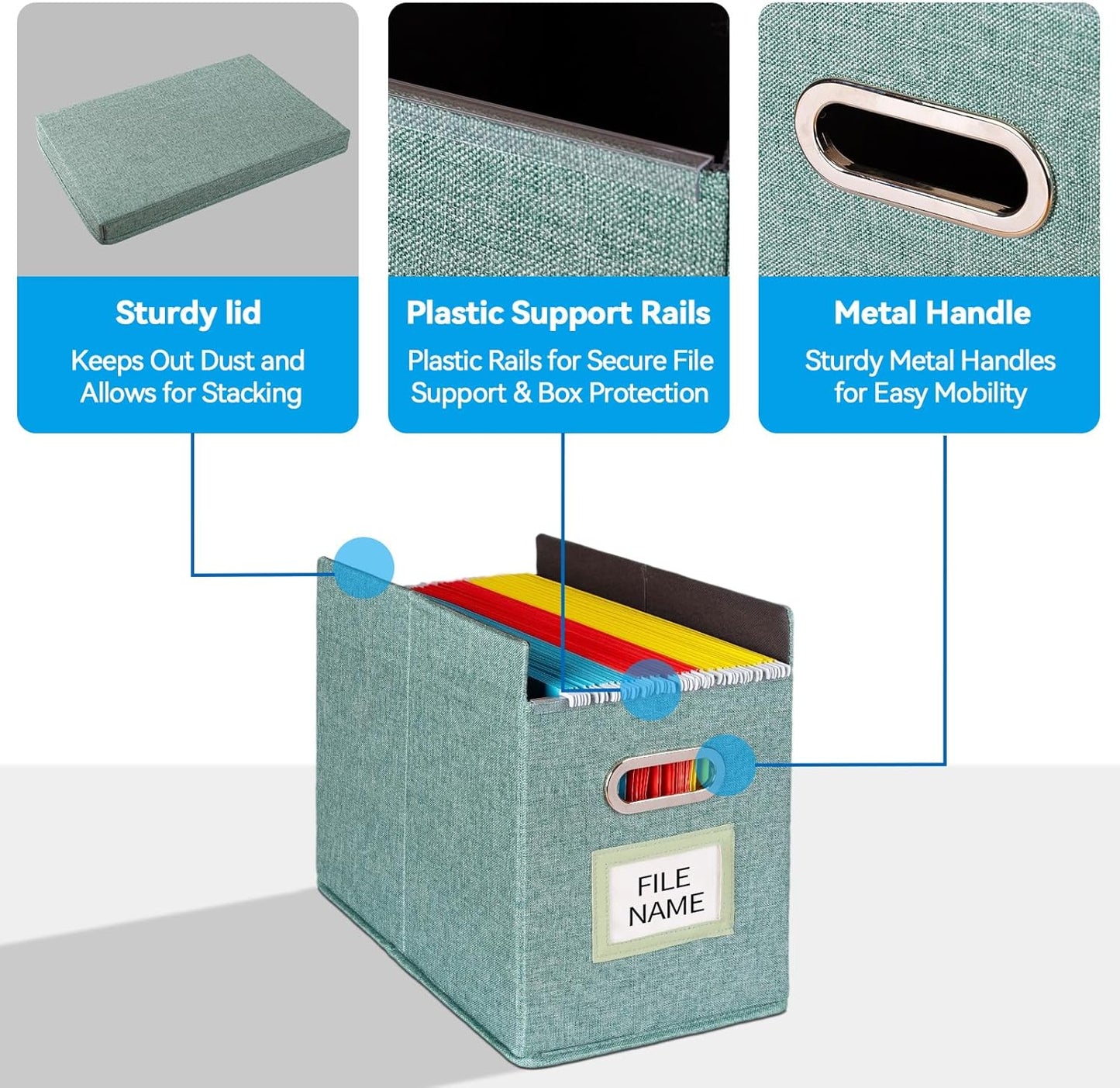 2 Pack Hanging File Folders Organizer with Lid, Letter Size Fabric File Storage Box Collapsible, Portable Office Document Holder with Metal Handle, Smooth PVC Rails, Green