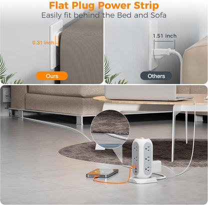 15 ft Extension Cord Tower Power Strip, 11 Outlets 3 USB(1 USB-C) Chargers, TESSAN Surge Protector with Multi Plug Outlet, 1050J Protection, Office Supplies, Desk Accessories, School Dorm Essential