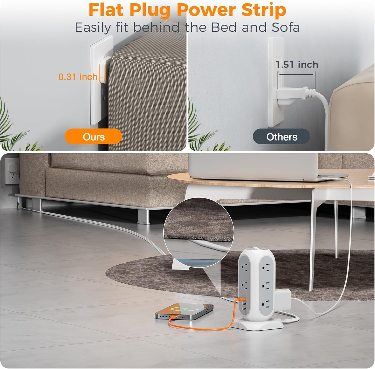 Surge Protector Power Strip Tower 10 Ft, TESSAN Flat Plug Extension Cord with 11 AC Outlets 3 USB Ports (1 USB C), 1050J Protection Charging Station for Home, Office Supplies, Dorm Room Essentials