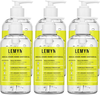 Medical Grade Hand Sanitizer Gel - 97% ORGANIC - 8 FL.OZ. with PUMP (PACK OF 6)