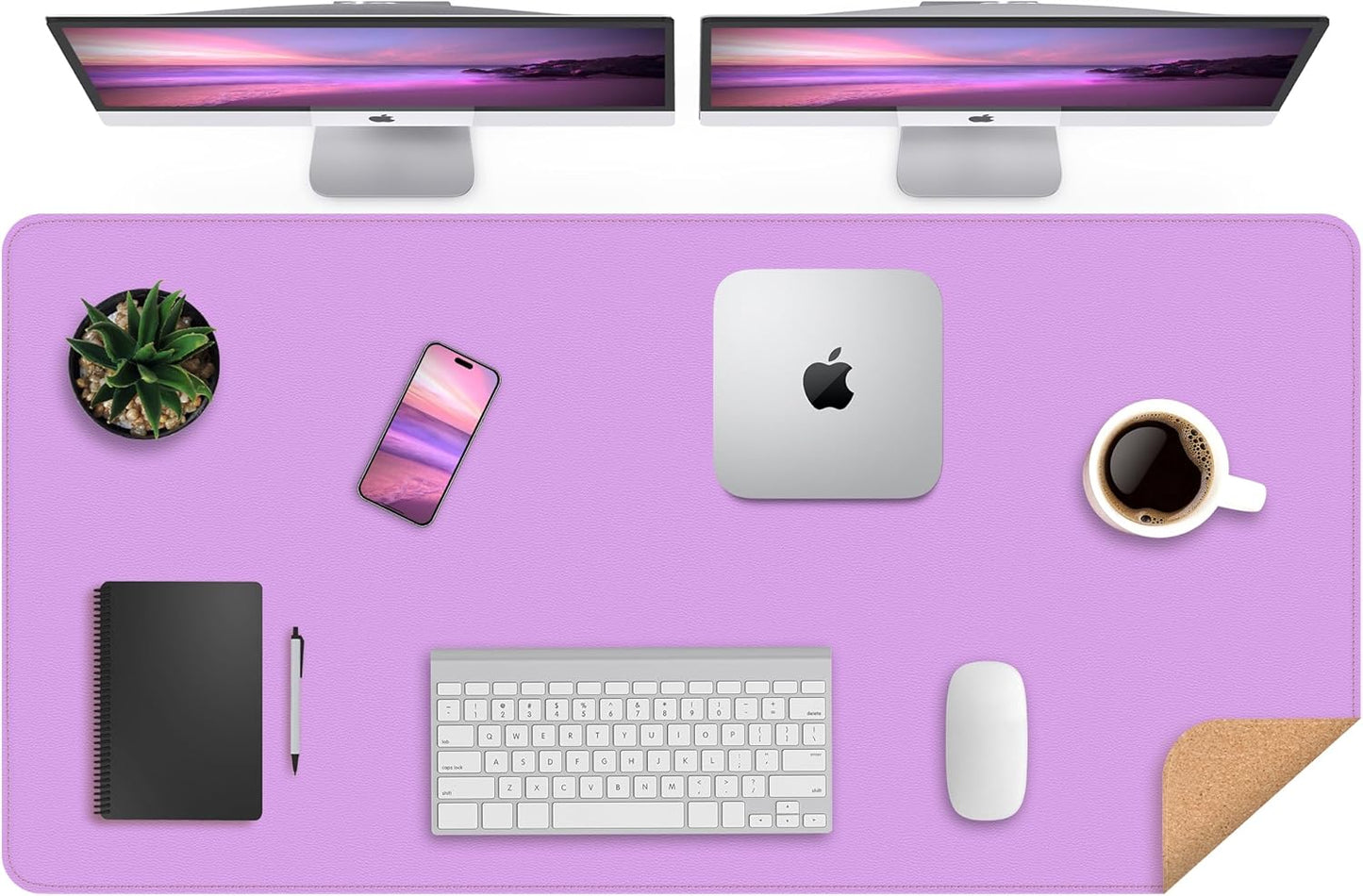 Leather Desk pad Protector- 47.2" x 23" Large Desk mat with Natural Cork & PU Leather,Mouse pad,Non-Slip Office Desk Mat,Waterproof Desk Writing Pad for Office and Home(Purple)