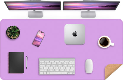 Leather Desk pad Protector- 47.2" x 23" Large Desk mat with Natural Cork & PU Leather,Mouse pad,Non-Slip Office Desk Mat,Waterproof Desk Writing Pad for Office and Home(Purple)