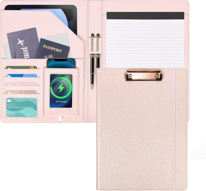 Leather Portfolio Organizer Women Clipboard with Storage Pink Clip Board for Notepad,Phone,Cards