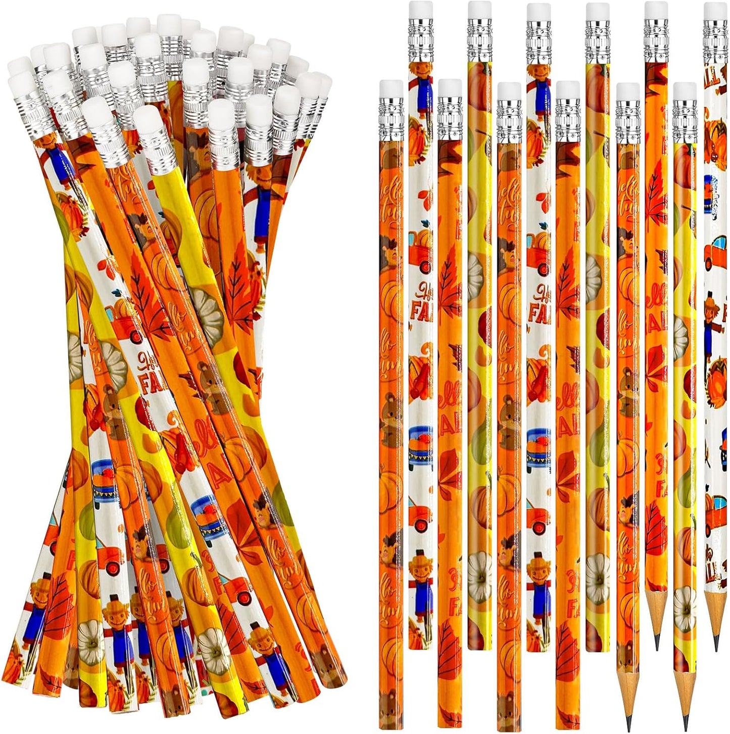 Cinrobiye 100 Pieces Fall Thanksgiving Day Pencils with Eraser Holiday Fall Maple Leaf Autumn Pumpkins Wood Scarecrow Acorns Pencils for Harvest School Party Gift Supplies