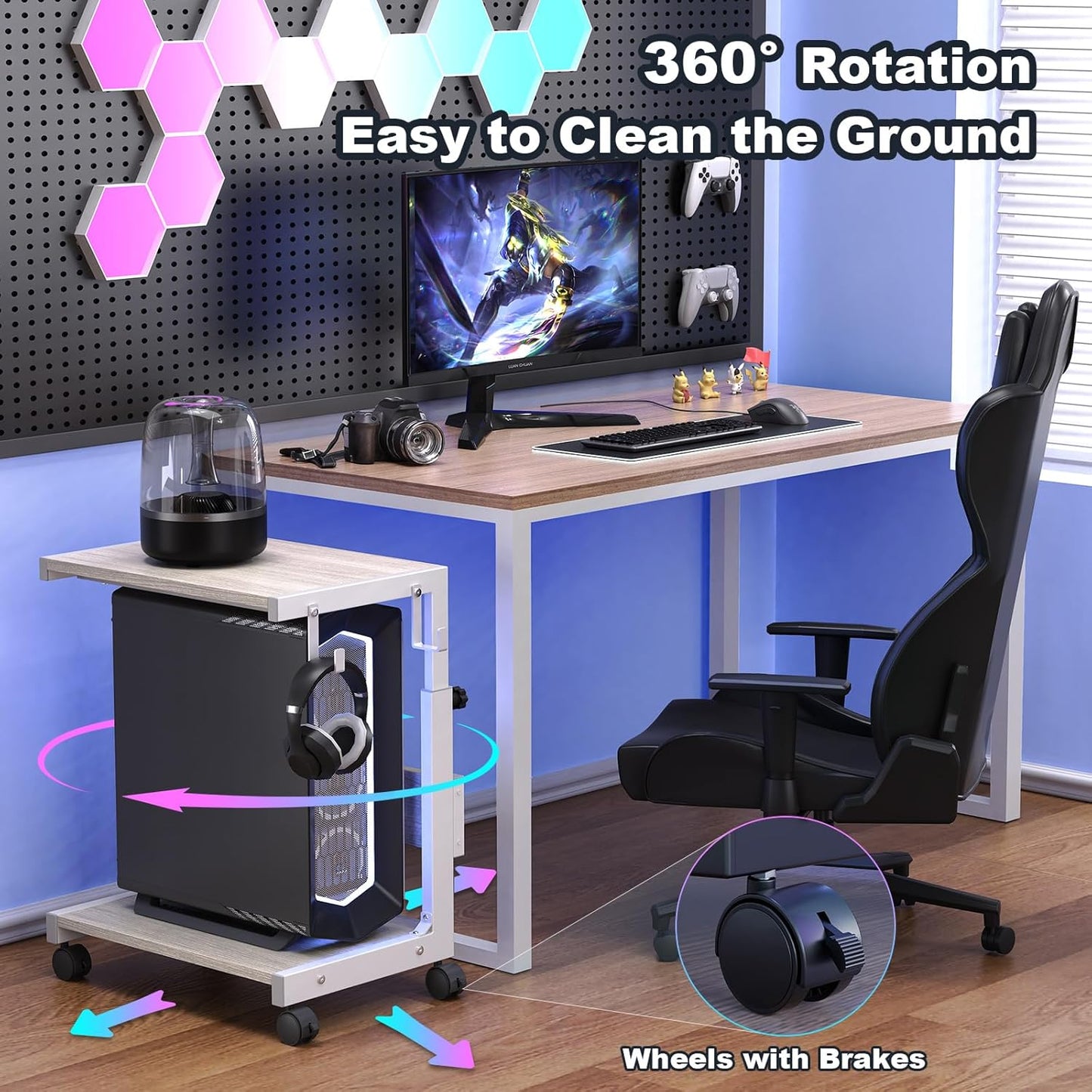 Computer Tower Stand with Charge Station and USB Charging Port - Height Adjustable PC Tower Stand, Under Desk CPU Holder Cart with Locking Caster Wheels for Fits Most PC