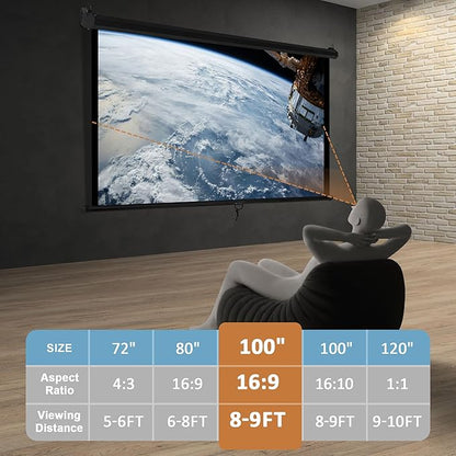 SUPER DEAL 100'' 16:9 HD Projection Screen Foldable Anti-Crease Portable Projector Movie Screen Manual Pull Down for Home Theater Presentation Education Outdoor Indoor Public Display, Black