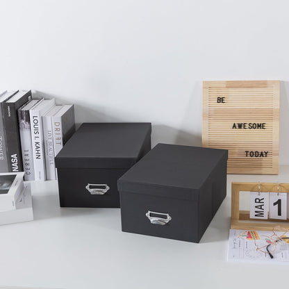 Soul & Lane Black Decorative Cardboard Storage Boxes with Lids, Set of 2 Stacking Keepsake Photo and Memory Boxes for Home & Office, Elegant Paperboard Organizers with Label Holders and Drawer Pulls