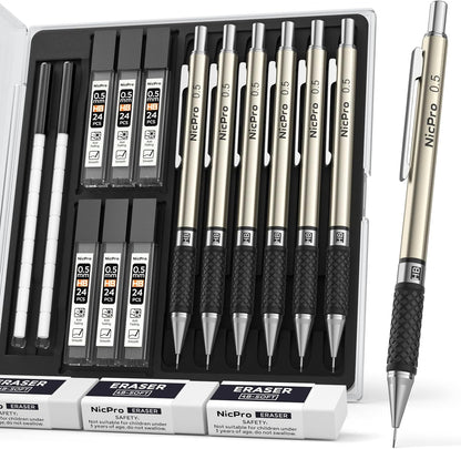 Nicpro 0.5 mm Art Mechanical Pencils Set in Gift Case, 6 PCS Metal Drafting Pencil 0.5mm with 6 Tube HB Lead Refills & 18 PCS Eraser Refills for Adults, Children, Artist Writing, Drawing, Sketching