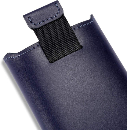 HISCOW Business Card Holder with Flap for Dispensing Cards - Italian Calfskin (Dark Blue)