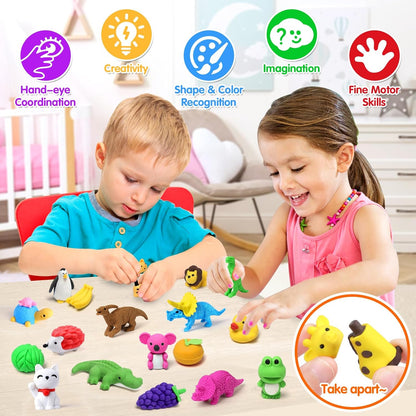 Arscniek 40 Pack 3D Puzzle Animal & Food Erasers for Kids, Take Apart Mini Pencil Erasers, Bulk Party Favors, Classroom Prizes, Treasure Box & Stocking Stuffers