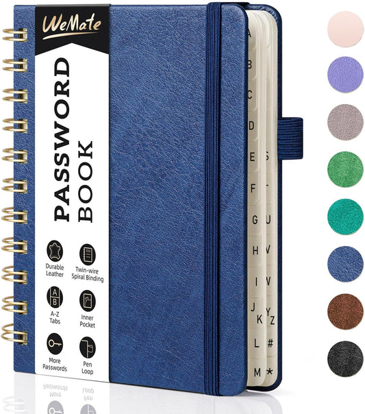 WEMATE Password Book with Alphabetical Tabs, Spiral Password Keeper Book for Seniors, Internet Password Notebook Password Journal Logbook Log in Detail, Small – 4.7''x 6'' (Navy Blue)