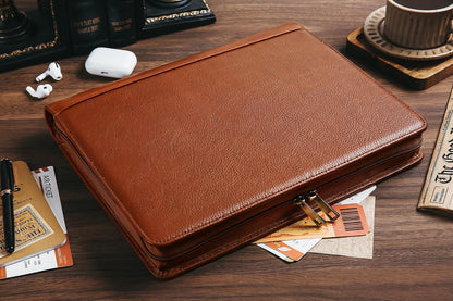 Personalized Leather Portfolio Organizer for IPad/Document, Business Padfolio with A4 Leather Notepad Holder, Custom Leather Compact Folder Conference Portfolio for Men and Women, Oil-Brown