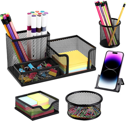 Mesh Pen Holder for Desk Pencil Holders 5 Pieces Desk Organizer Office Supplies Caddy with Sticky Notes Holder for Office School Home Black