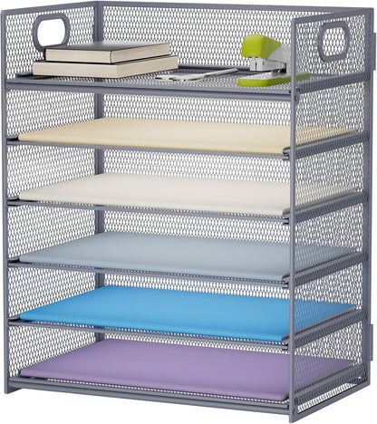 Marbrasse 6 Tier Paper Organizer Letter Tray - Mesh Desk File Organizer with Handle, Paper Sorter for Letter/A4 Office File Folder Holder - Grey