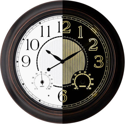 Outdoor Clocks Waterproof 18 Inch, Large Wall Clock with Thermometer & Hygrometer, Illuminated Battery Operated Clock with Smart Sensor for Patio, Pool, Garden, Porch, Living Room