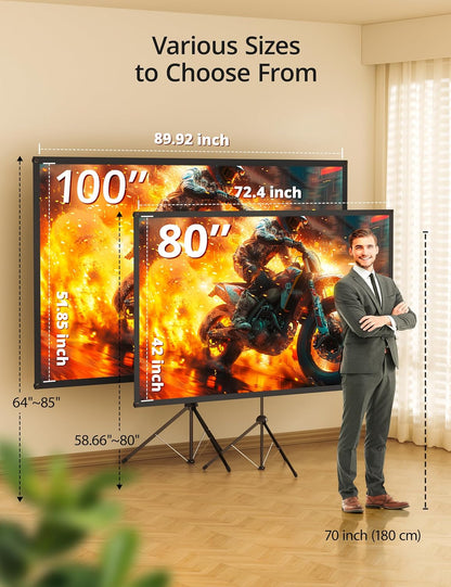 Projector Screen with Stand 80 inch Indoor Outdoor Projector Screen 16:9, 4K HD PVC Projector Screen with 1.5 Gain, projector screen for Backyard Theater and Wall Hanging 2IN1 with Carry Bag, Ground