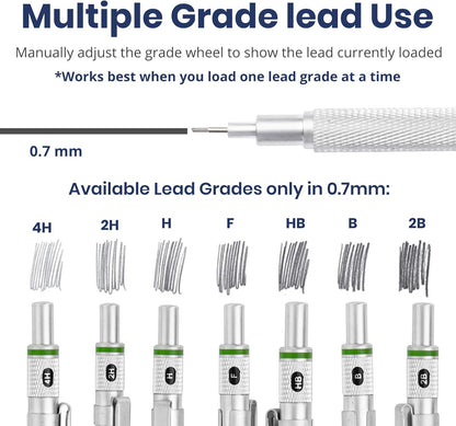 Pacific Arc Chromagraph Metal Mechanical Pencil .7 mm Silver Barrel Mechanical Pencil with Built In Lead Pencil Grade Indicator, Lead Pencil Holder for Drafting, Sketching, and Drawing