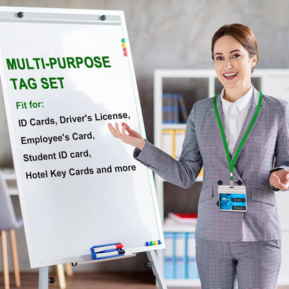 Marspark 100 Sets Clear Name Tags with Lanyard, Lanyards for ID Badges Reusable Strap with ID Holder Plastic Name Badges for Adults Business School Church Conference (Dark Green)