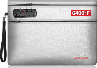 Noiposi 6400℉ Fireproof Document Bag with Lock,Dual-Zip Compartments Fireproof Money Bag for Cash and Documents,12 Layers Heat Insulated Fireproof Bag with Zipper,Protects Important Valuables(Silver)